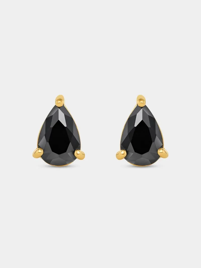 Gold Plated Sterling Silver Black Cubic Zirconia Pear Stud Earrings