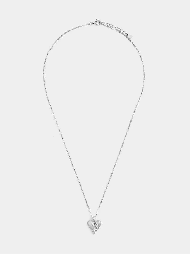 Sterling Silver Cubic Zirconia Half Pavé Heart Pendant