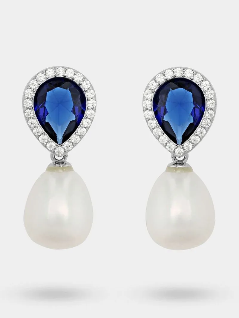 Sterling Silver Freshwater Pearl & Blue Cubic Zirconia Drop Earrings