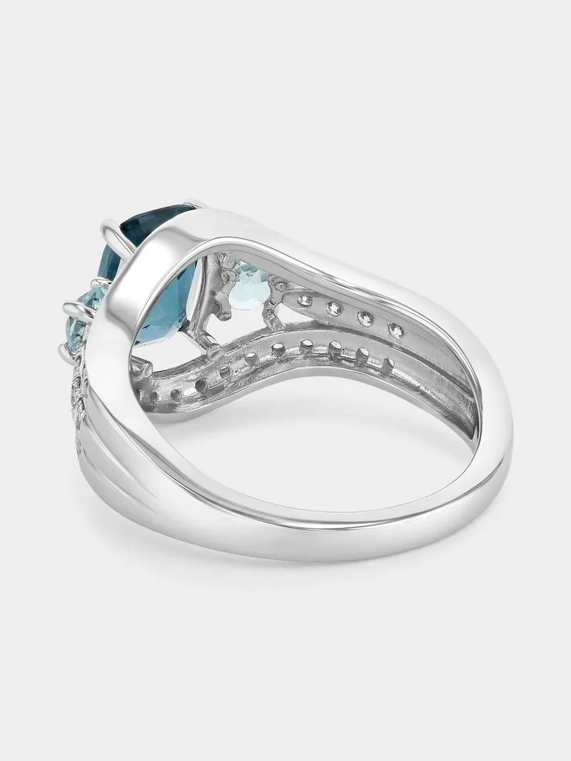 White Gold Diamond & Blue Topaz Cushion-Cut & Round-Cut Ring