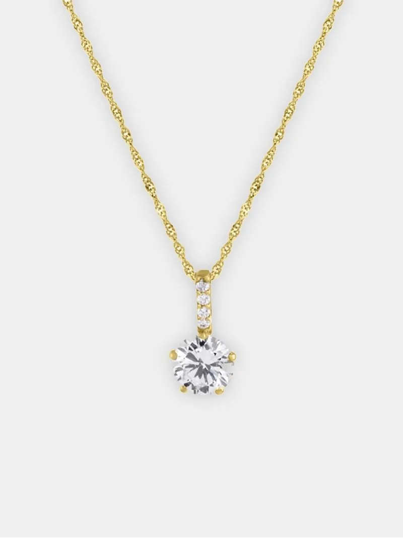 Yellow Gold Cubic Zirconia Bale Solitaire Pendant on a Sterling Silver and Gold Chain