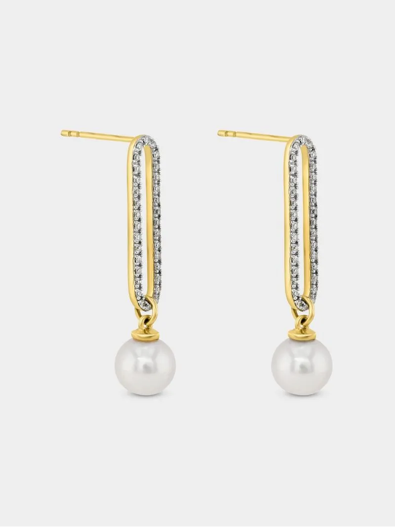 Yellow Gold 0.25ct Diamond & Freshwater Pearl Paperclip Drop Earrings