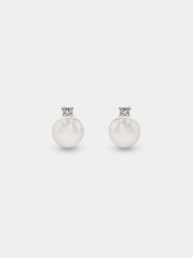 Sterling Silver Diamond & Freshwater Pearl Stud Earrings
