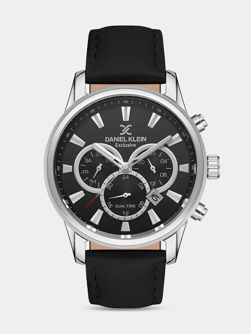 Daniel Klein Silver Plated Black Leather Chronographic Watch