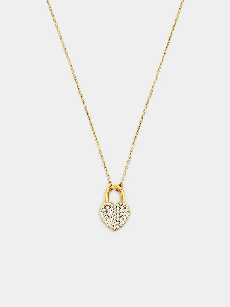 Gold Plated Sterling Silver Cubic Zirconia Heart Lock Pendant