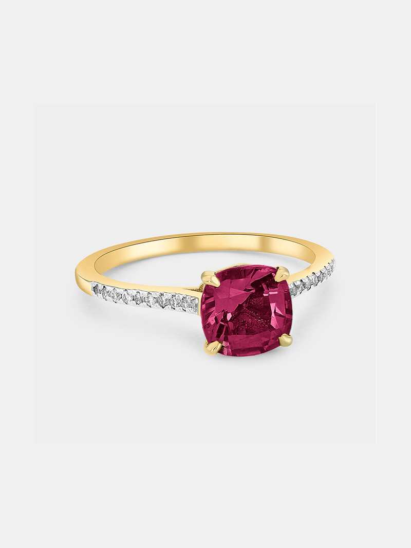 Yellow Gold Lab Grown Ruby & Moissanite Women’s Cushion Ring