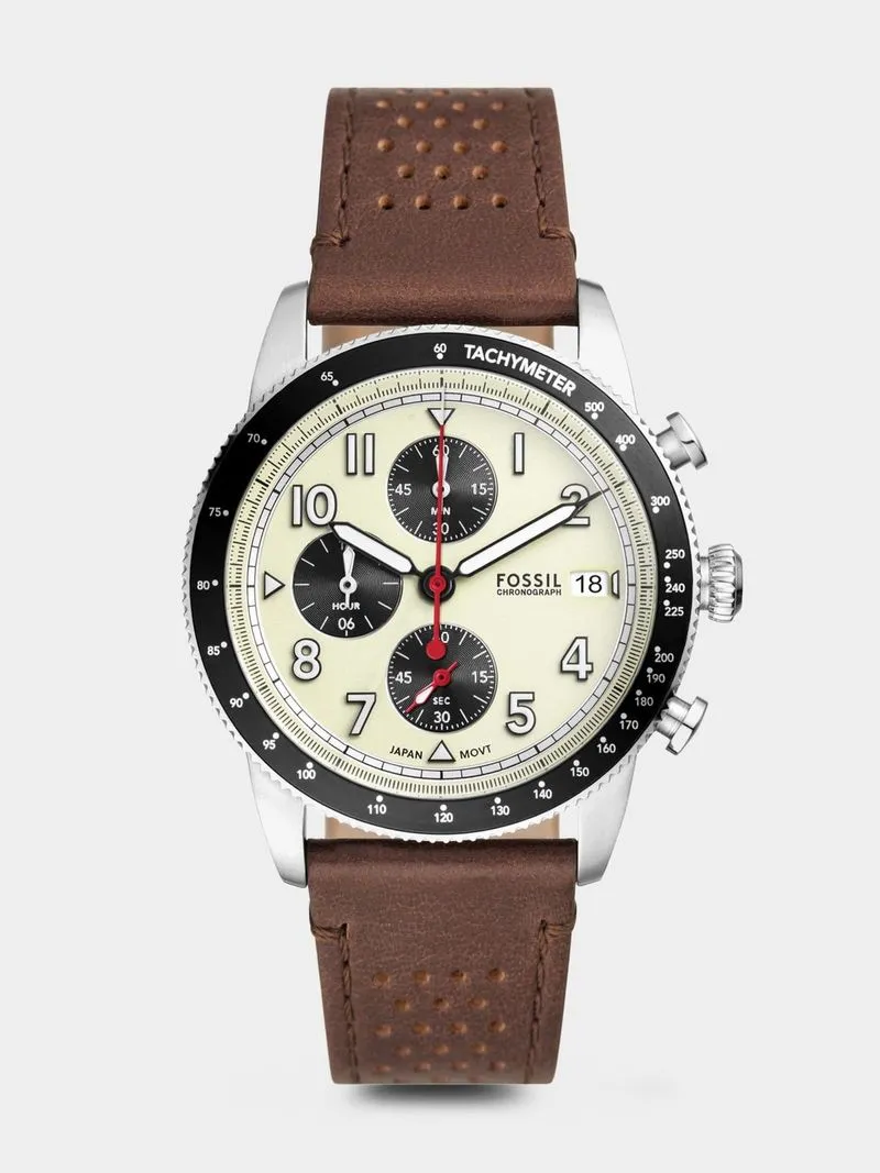 Fossil Sport Tourer Cream Dial Brown Leather Chronograph Watch