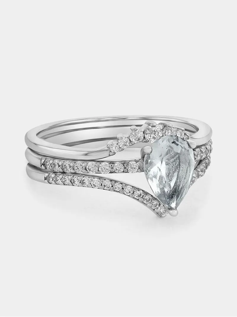 Sterling Silver Cubic Zirconia Pear Wishbone Triple Set Ring