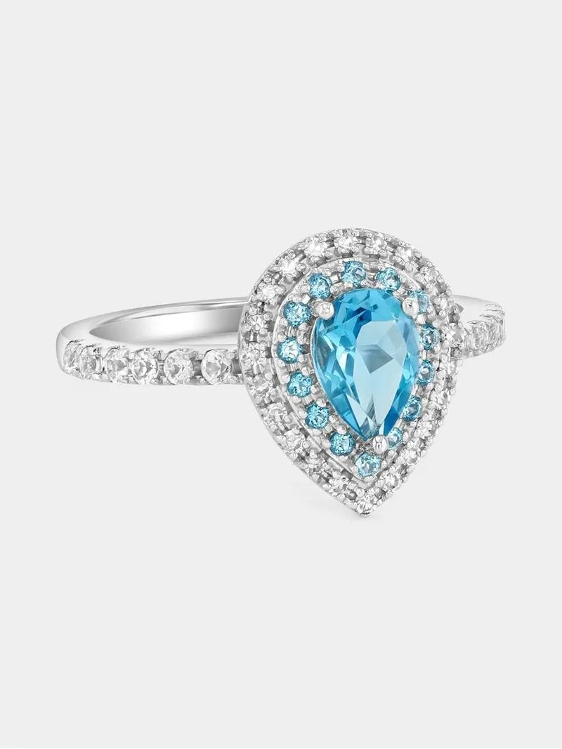 White Gold Diamond & Swiss Blue Topaz Pear Double Halo Ring