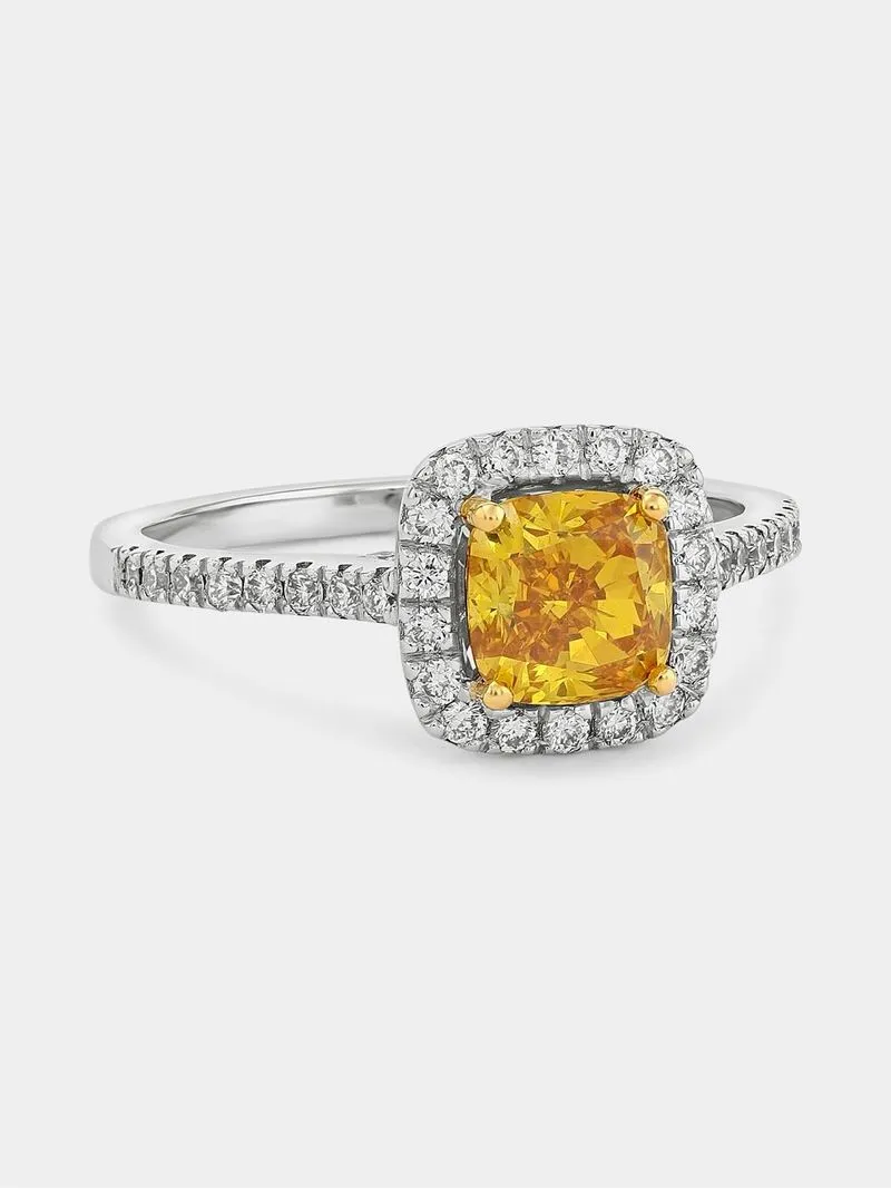 White Gold 1ct Yellow Lab Grown Diamond Women’s Cushion Halo Ring