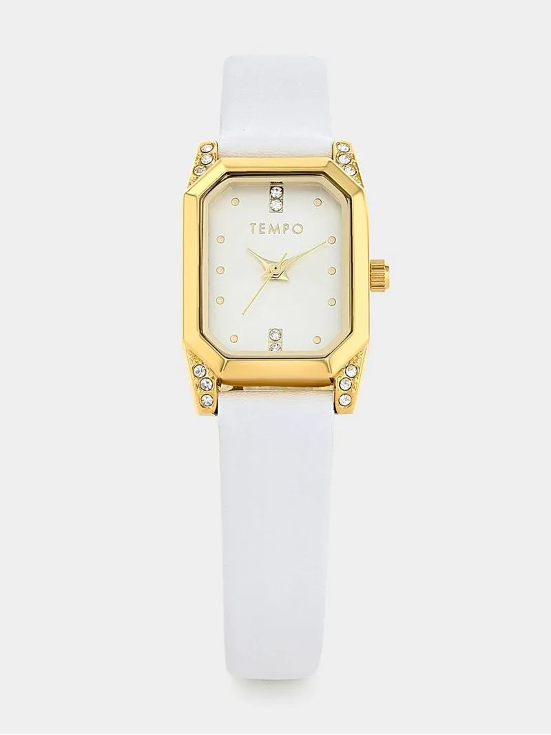 Tempo Women’s Gold Plated White Dial White Leather Watch