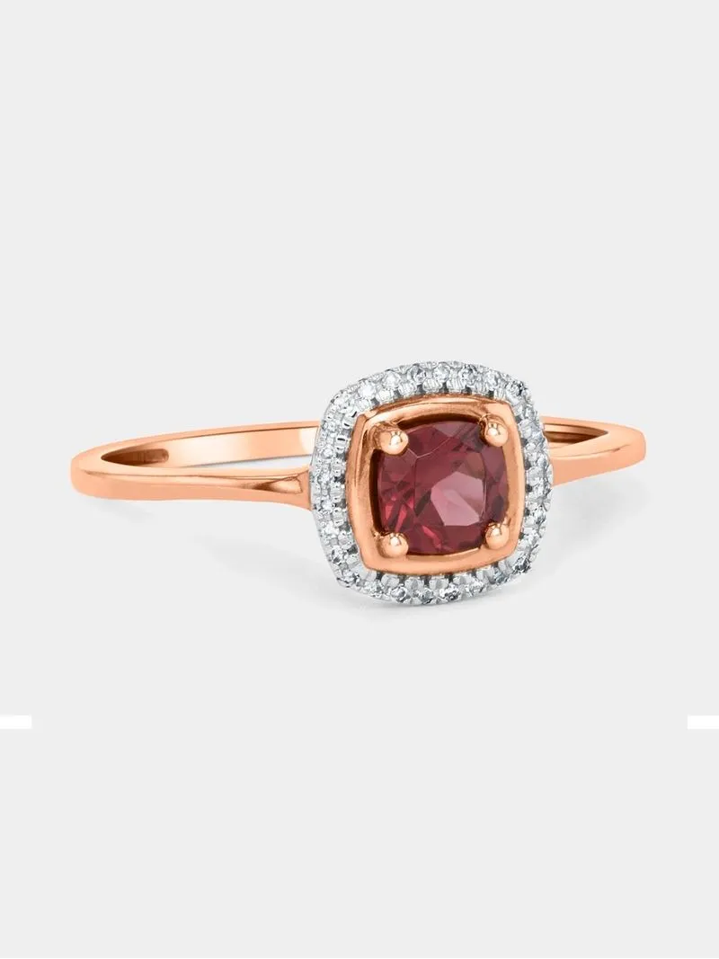 Rose Gold Diamond & Rhodolite Cushion Halo Ring