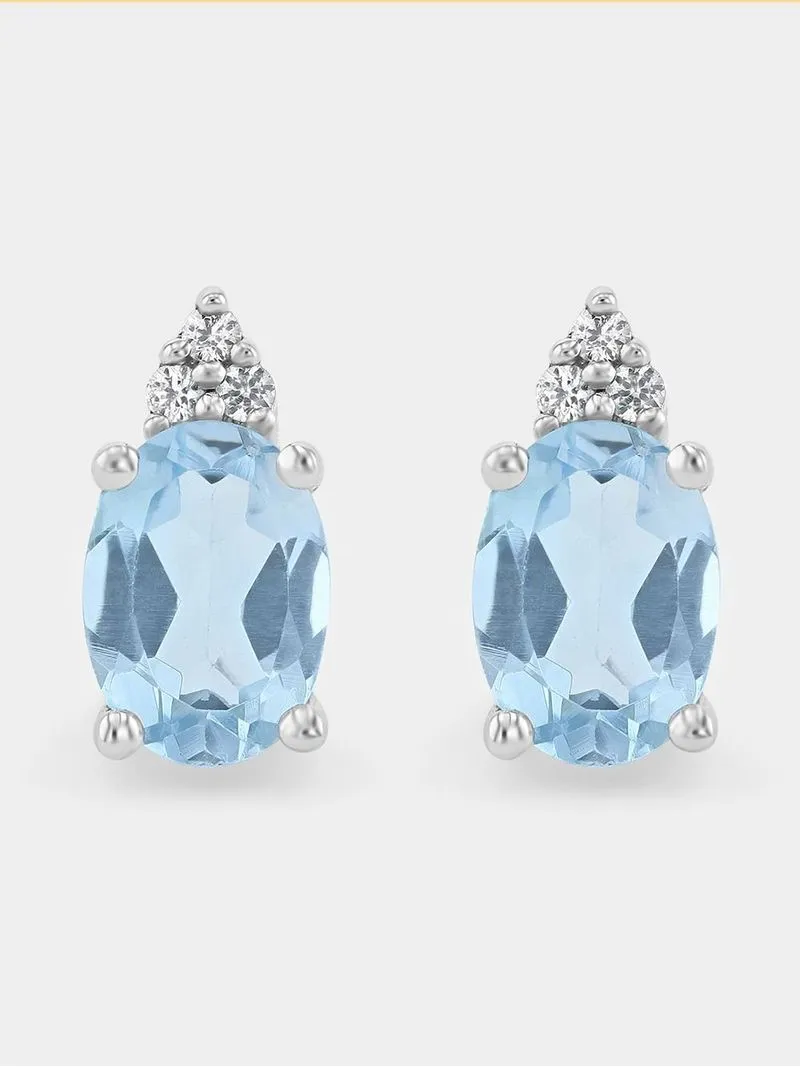 Sterling Silver Diamond & Sky Blue Topaz Oval Stud Earrings