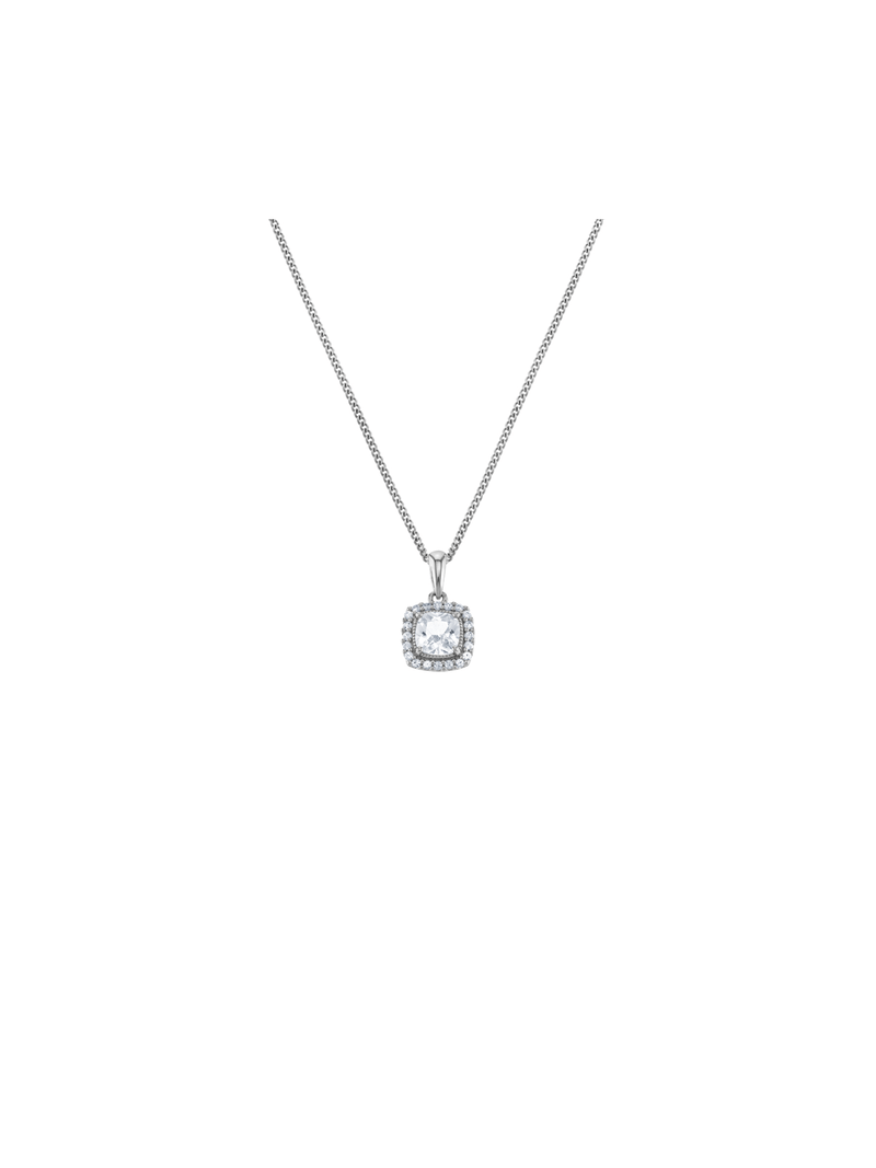 Sterling Silver Diamond & Created Sapphire Cushion Halo Pendant