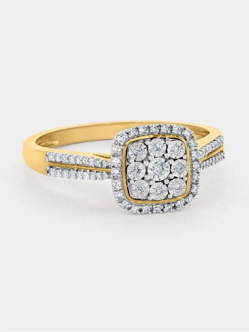 Yellow Gold 0.15ct Diamond Cushion Halo Ring