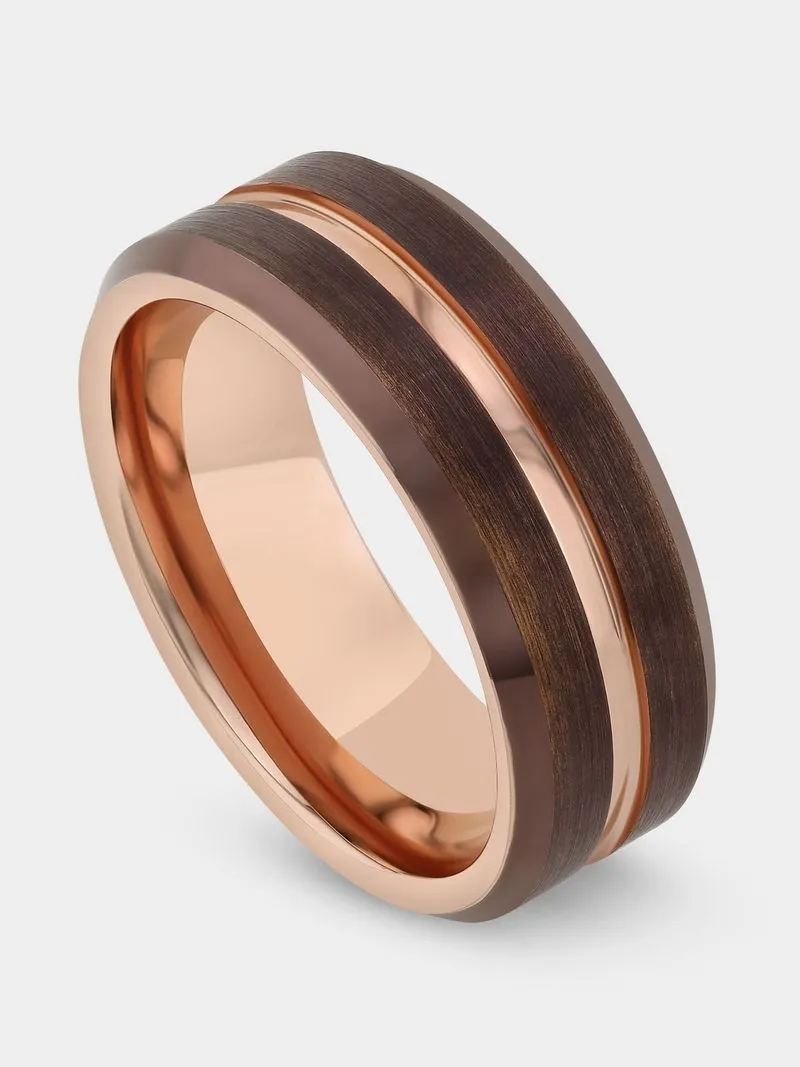 Tungsten Rose & Brown Plated Centre Groove Ring