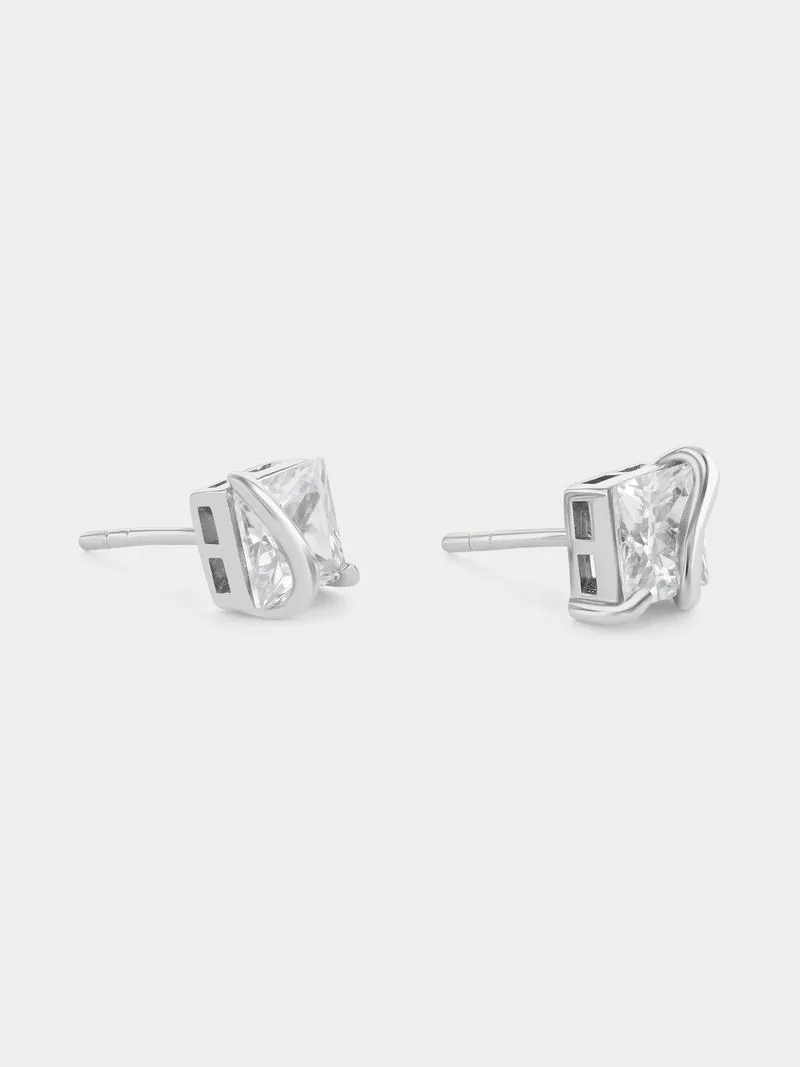 Sterling Silver Cubic Zirconia Princess Flyover Stud Earrings