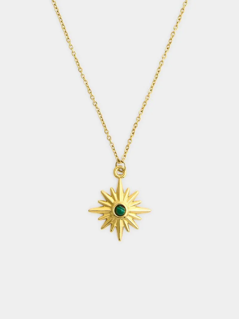 18ct Gold Plated Waterproof Stainless Steel Northstar Pendant with Green accent