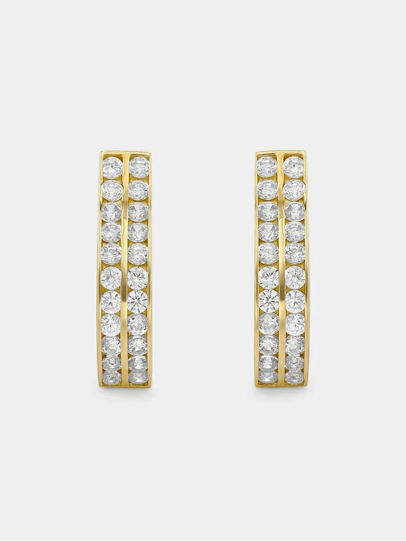 Yellow Gold Cubic Zirconia Women’s Double Row Open End Hoop Earrings