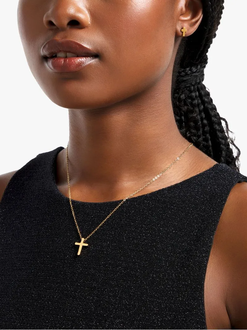Gold Tone Stainles Steel Cross Pendant & Cross Stud Set