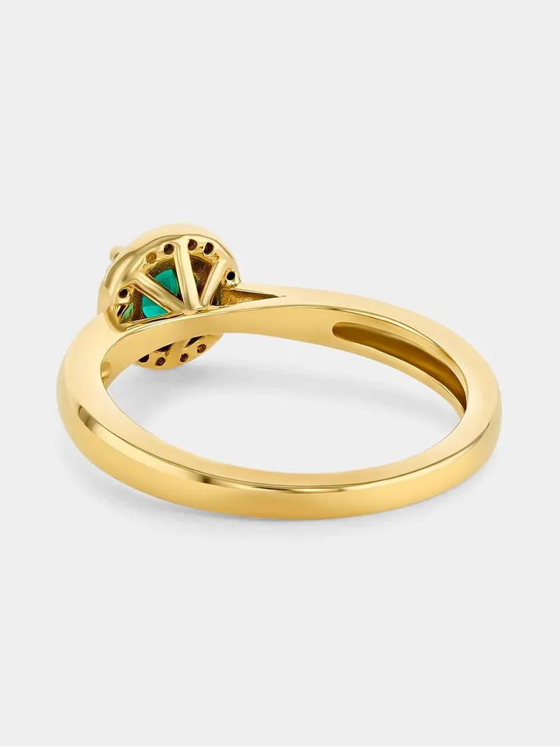Yellow Gold Diamond & Created Emerald Round Halo Ring