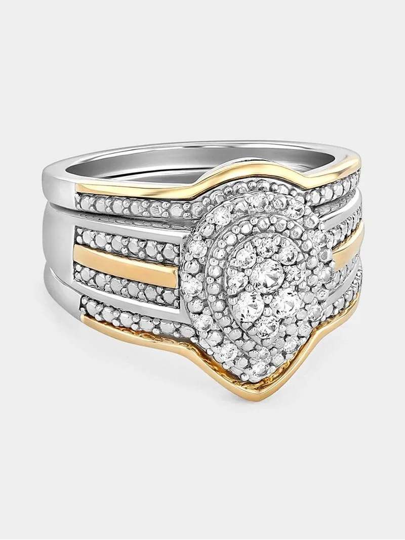 Yellow Gold & Sterling Silver Diamond & Created Sapphire Pear Halo Triple Set