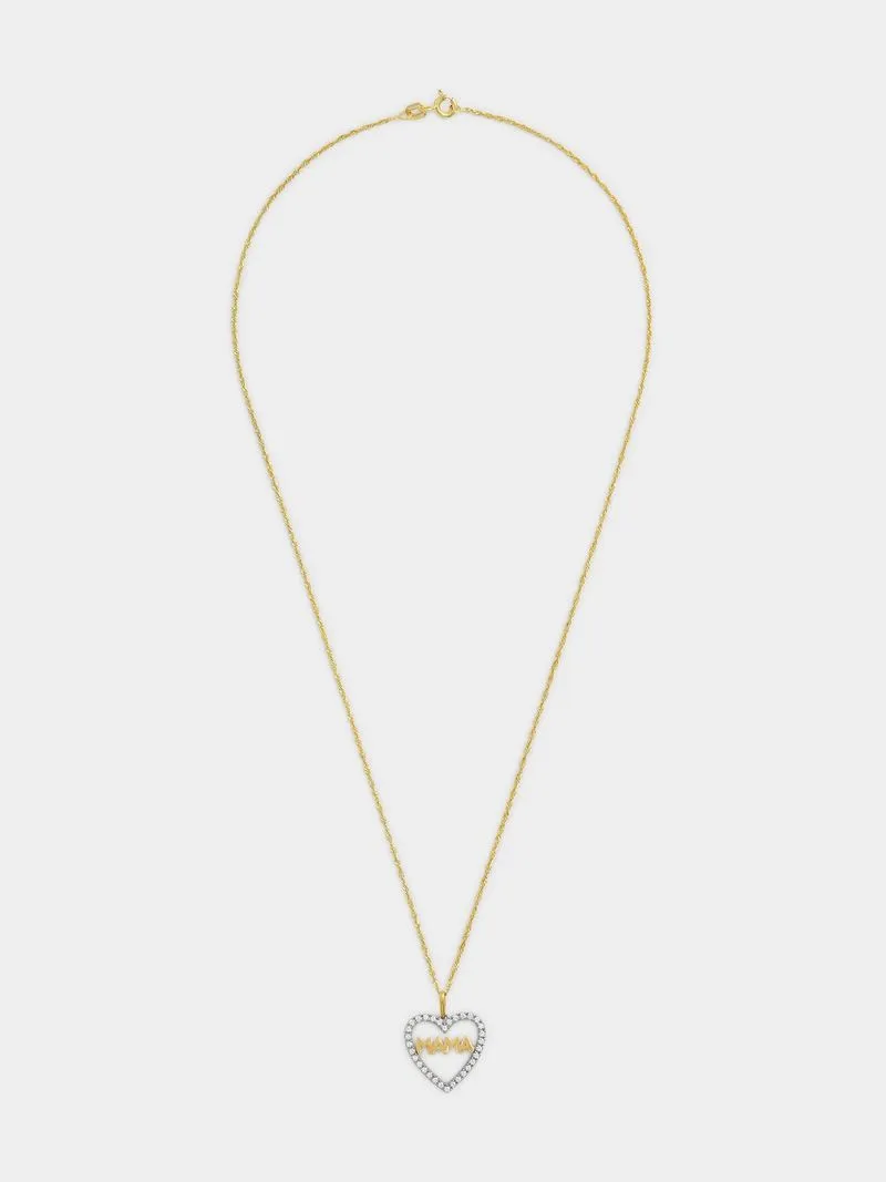 Yellow Gold and Sterling Silver Cubic Zirconia Mama Heart Pendant on a chain