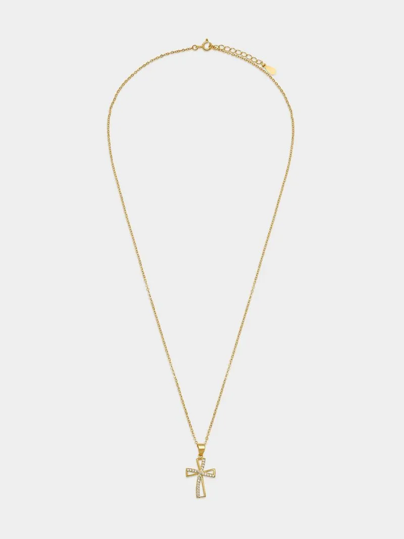 Gold Plated Sterling Silver Cubic Zirconia Open Cross Pendant