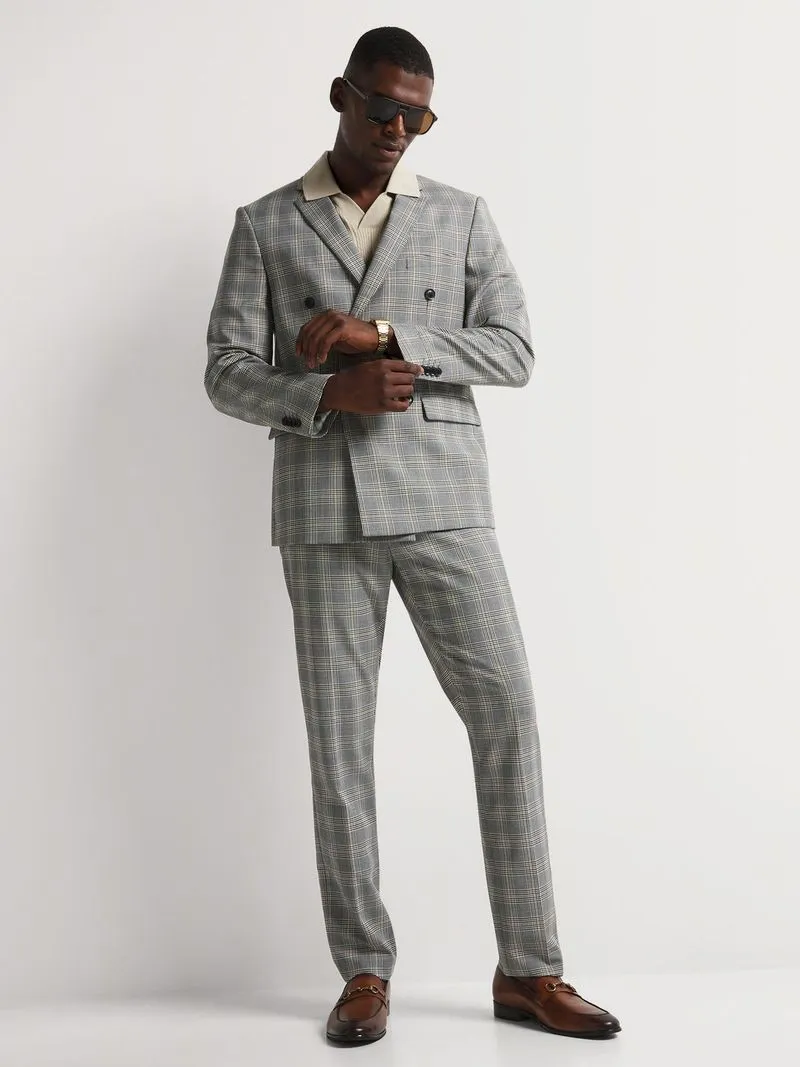 Men's Markham Check Slim Knitted Double Breasted Neutral Suit Jacket