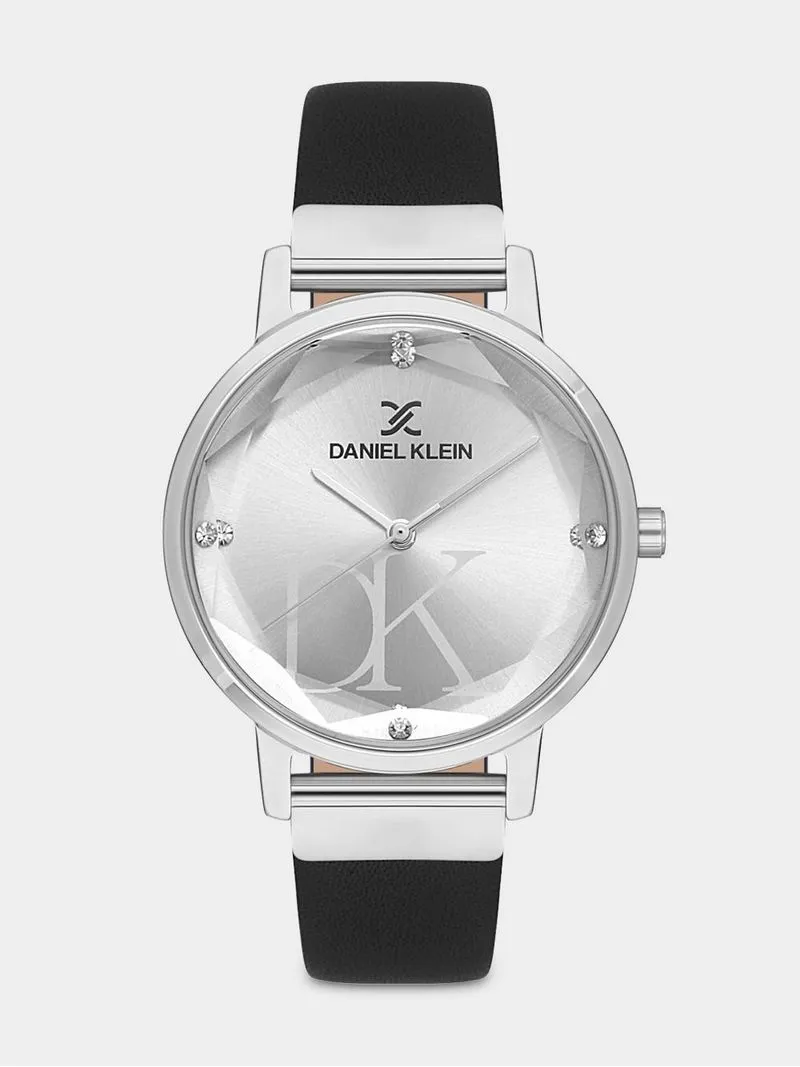 Daniel Klein Silver Plated Silver Dial Black Leather Watch