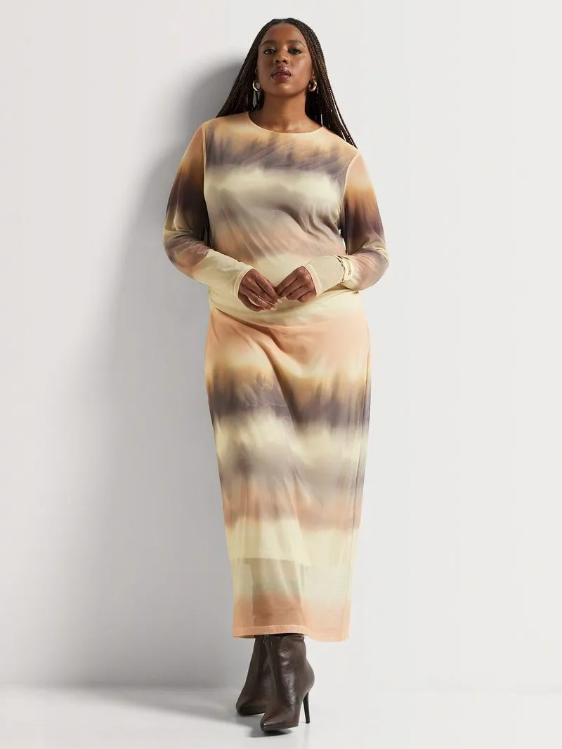 Mesh Draped Waist Long Sleeve Highneck Column Dress