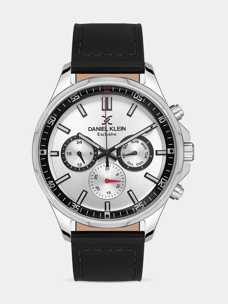 Daniel Klein Silver Plated Black Leather Chronographic Watch