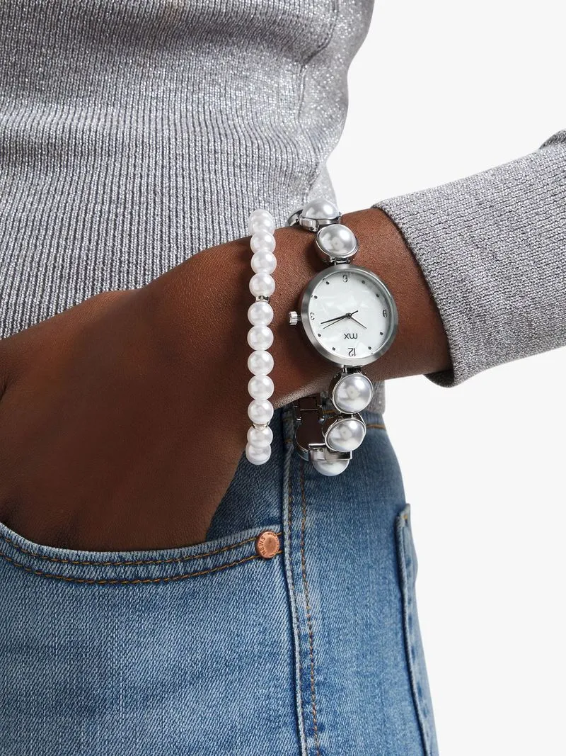 MX Silver Plated White Mother Of Pearl Dial Watch & Bracelet Set