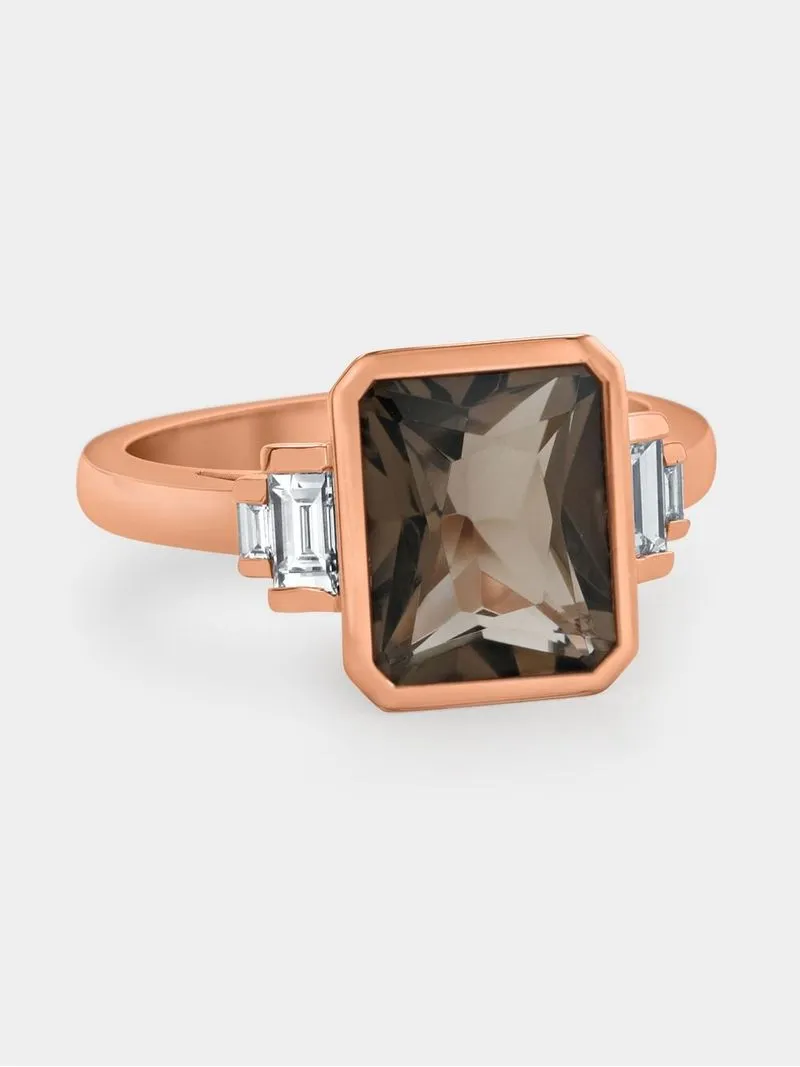 Rose Gold 0.30ct Diamond & Smoky Quartz Emerald-Cut Ring