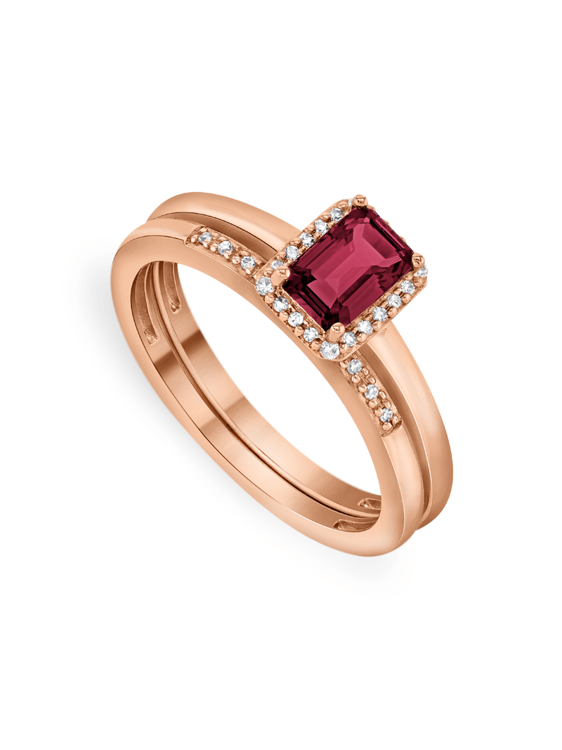 Rose Gold Rhodolite & Diamond Octagon Halo Twinset Ring