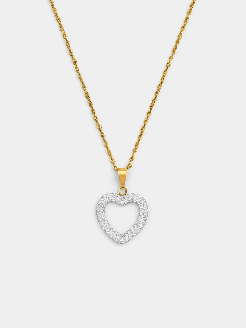 Yellow Gold & Sterling Silver, Open Heart Crystal Pendant on a chain.