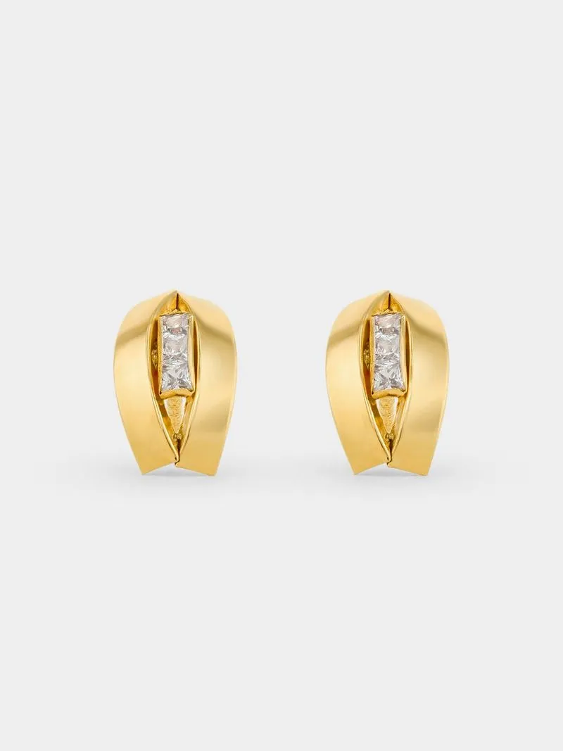 Yellow Gold Broad Cubic Zirconia centre inset Hoop Stud Earrings