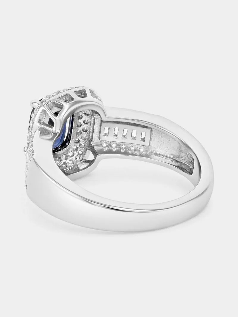 Sterling Silver Sapphire Blue Cubic Zirconia Emerald Halo Ring