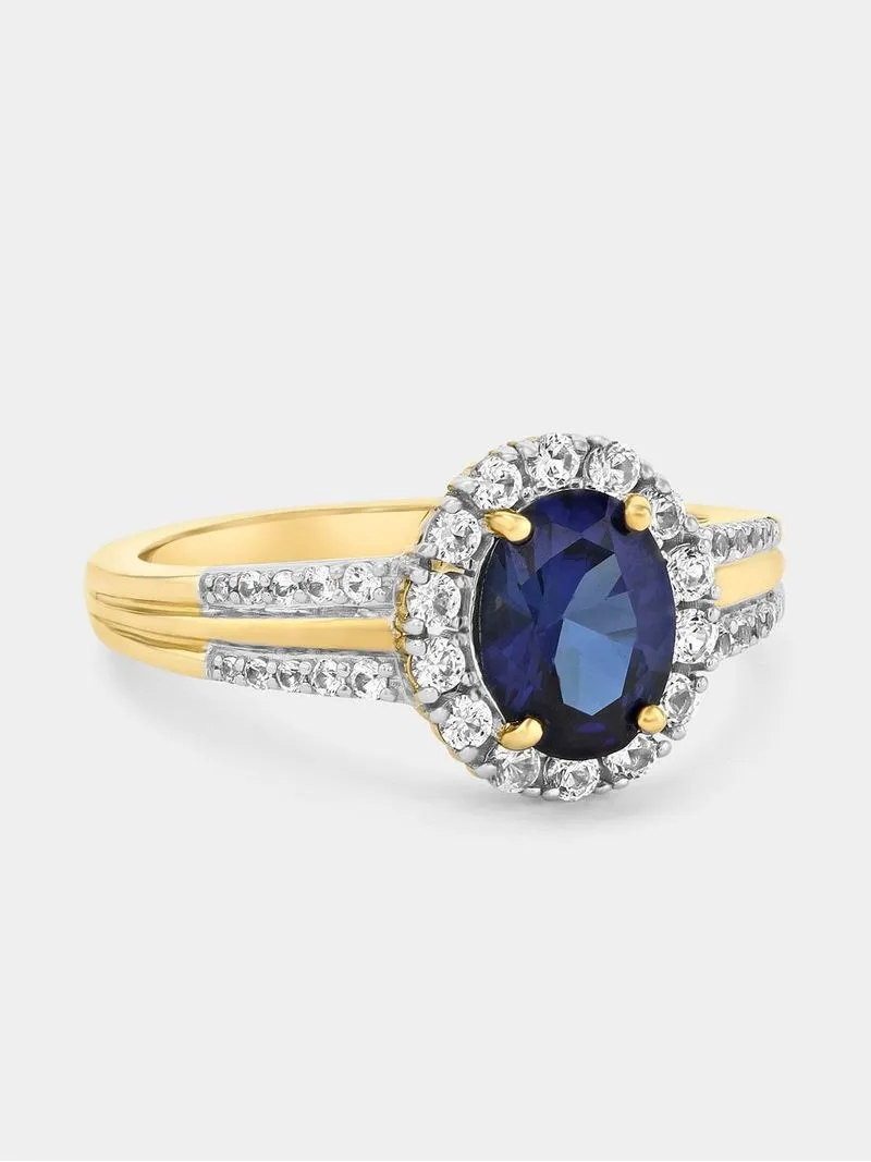 Yellow Gold Diamond & Created Blue Sapphire Oval Halo Ring