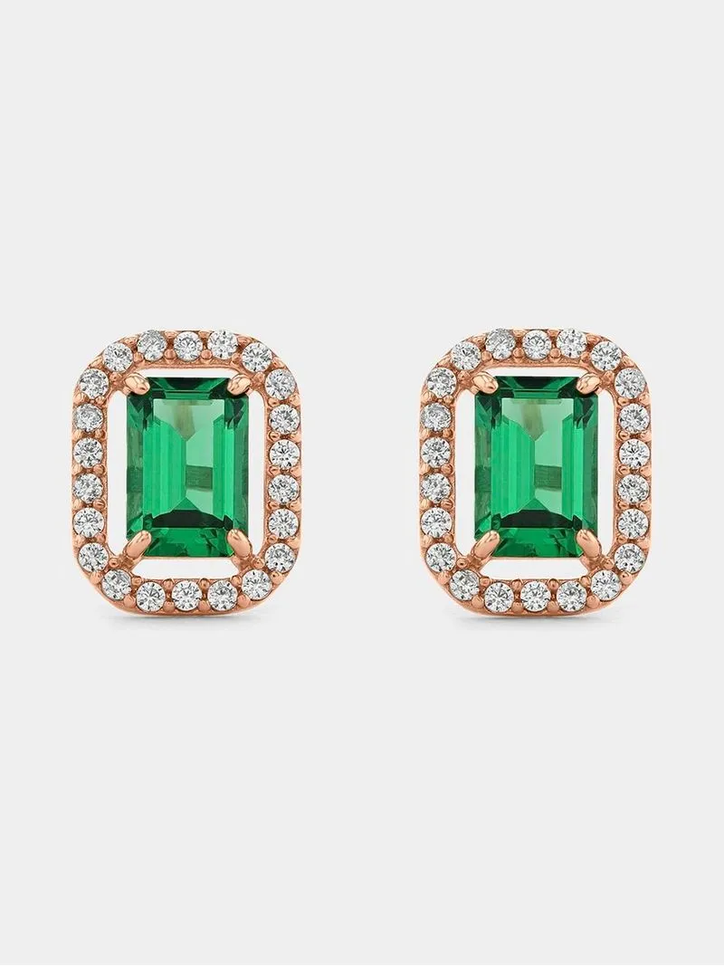 Rose Gold, Green Cubic Zirconia Square Halo Stud Earrings