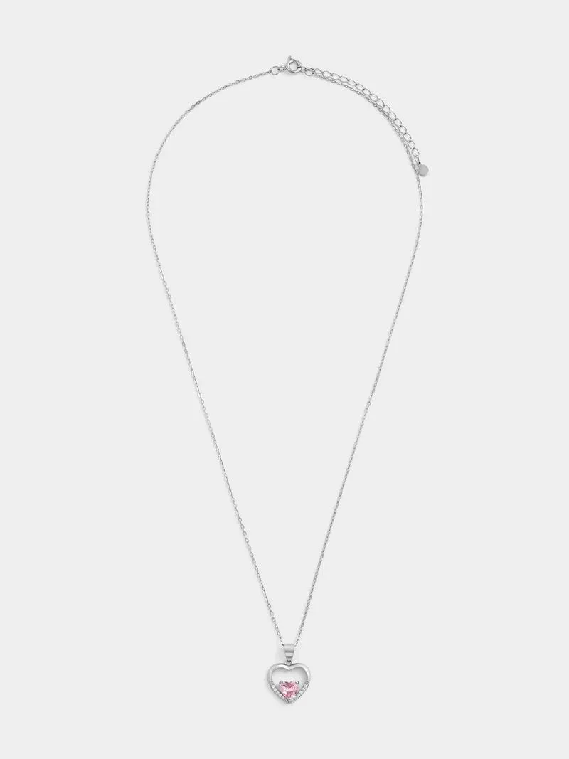 Sterling Silver Pink Cubic Zirconia Heart In Heart Pendant