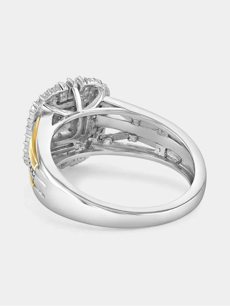 Yellow Gold & Sterling Silver Diamond & Created Sapphire Rectangle Halo Ring