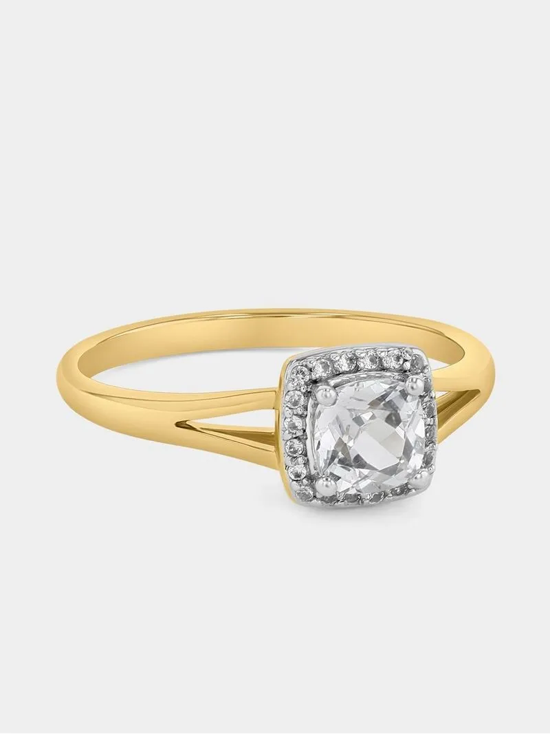 Yellow Gold Diamond & Created Sapphire Cushion Halo Ring