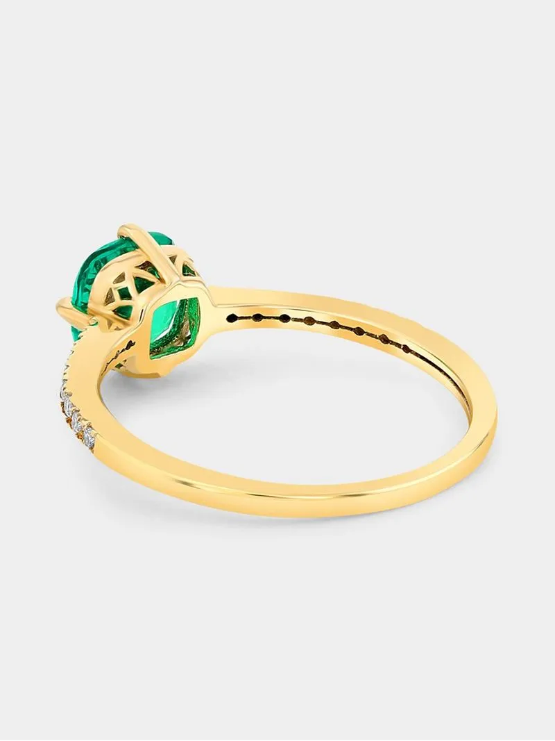 Yellow Gold Lab Grown Emerald & Moissanite Women’s Cushion Ring