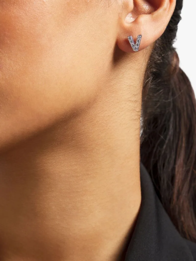 Rhodium Plated Pave Letter V Initial & 6mm CZ Stud