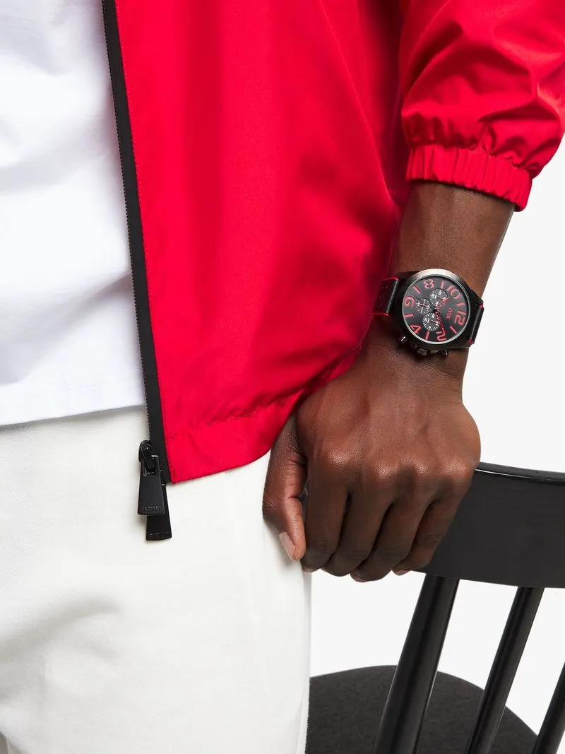 MX Black Plated Black & Red Dial Black Faux Leather Watch