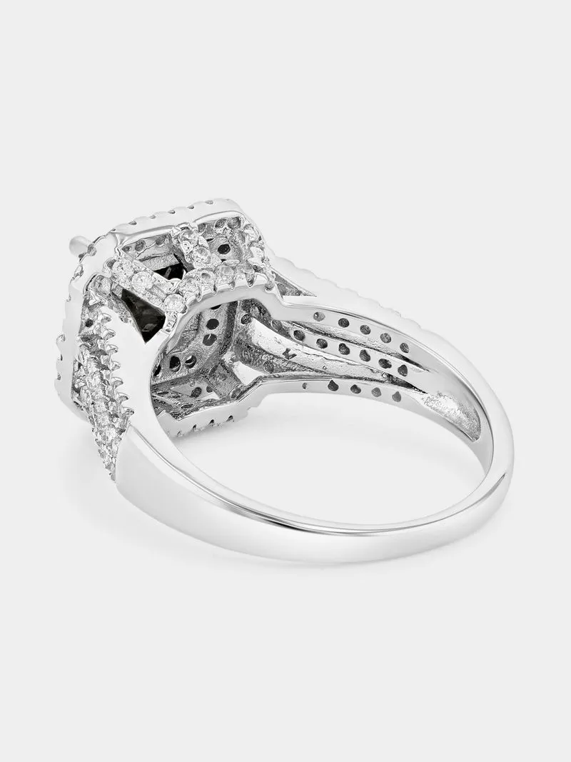 Sterling Silver Black Cubic Zirconia Cushion Halo Ring
