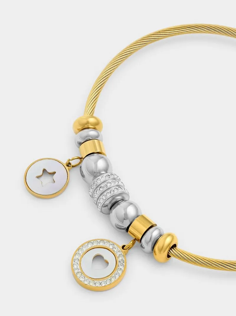 Tempo Jewellery Gold Plated Stainless Steel Cubic Zirconia Cable Bead Heart Bangle