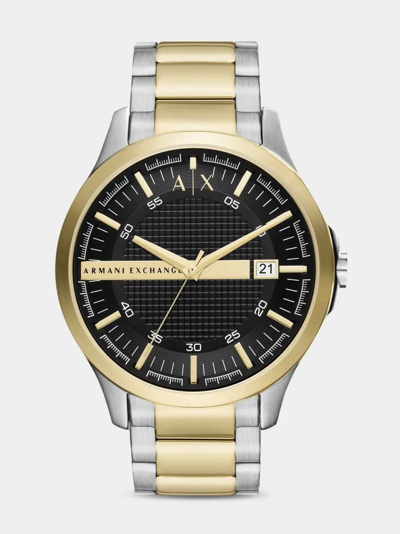 Armani Exchange Black Dial Silver & Gold Plated Stainless Steel Bracelet Watch