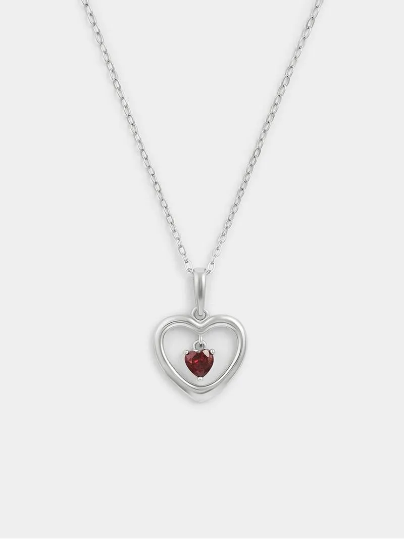 Sterling Silver Garnet Red Cubic Zirconia January Birthstone Kid’s Heart Pendant